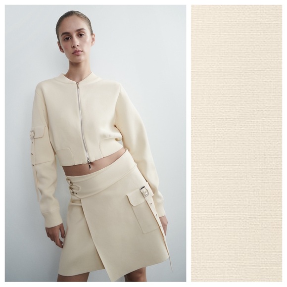 NWT. Zara Cream Viscose Blend Knit High-Waisted Skirt with Buckles. Size XS. - Picture 1 of 10